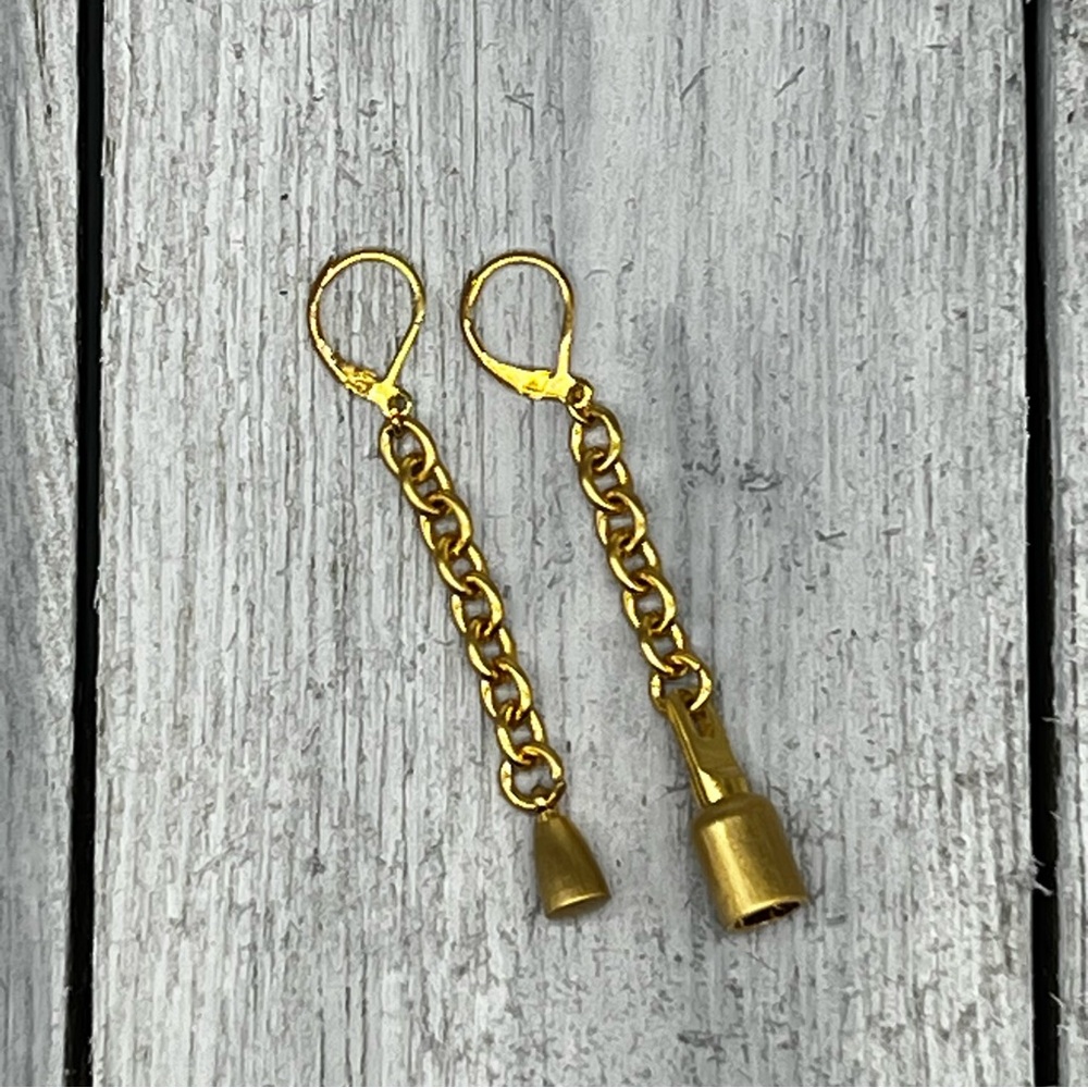 198. Vintage Mechanical Piece Charms on Goldtone Cable Chain Dangle Earrings.